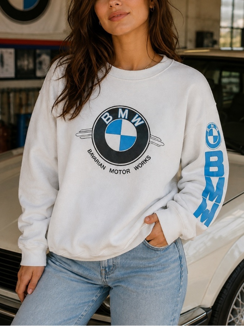 Vtg 80s 90s BMW Bavarian Motor Works Logo Fruit of the Loom White Sweatshirt L